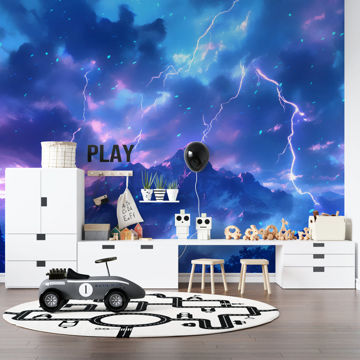 Storm wallpaper design in media room, powerful lightning scene against purple sky