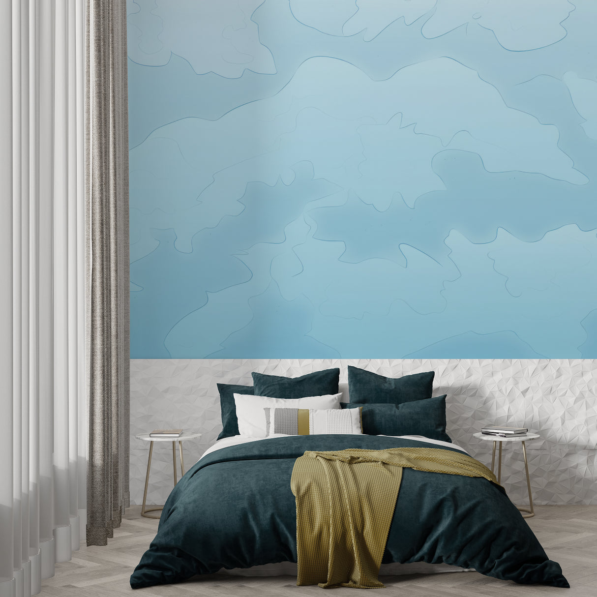 Sky mural wallpaper creating an airy atmosphere in a modern living room with white furniture