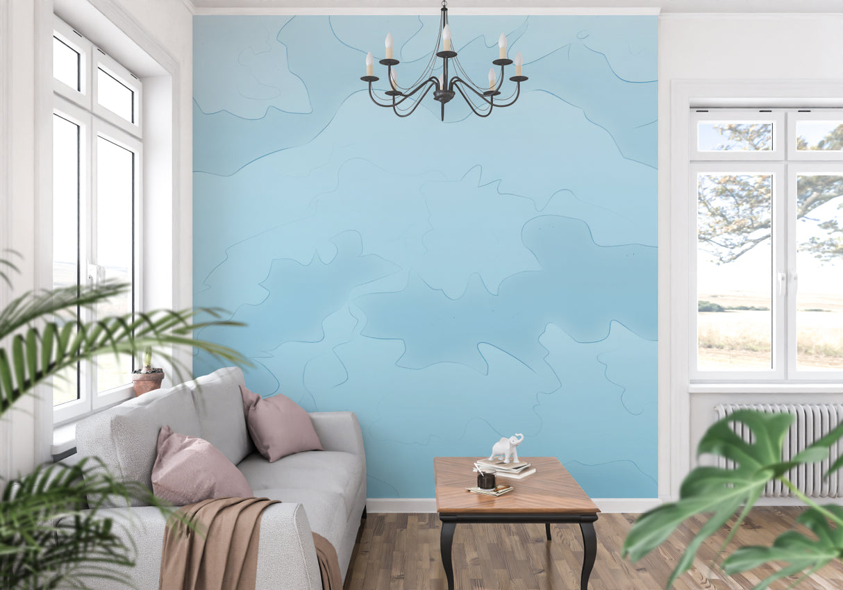 Cloud pattern wallpaper brightening a cozy bedroom with natural light