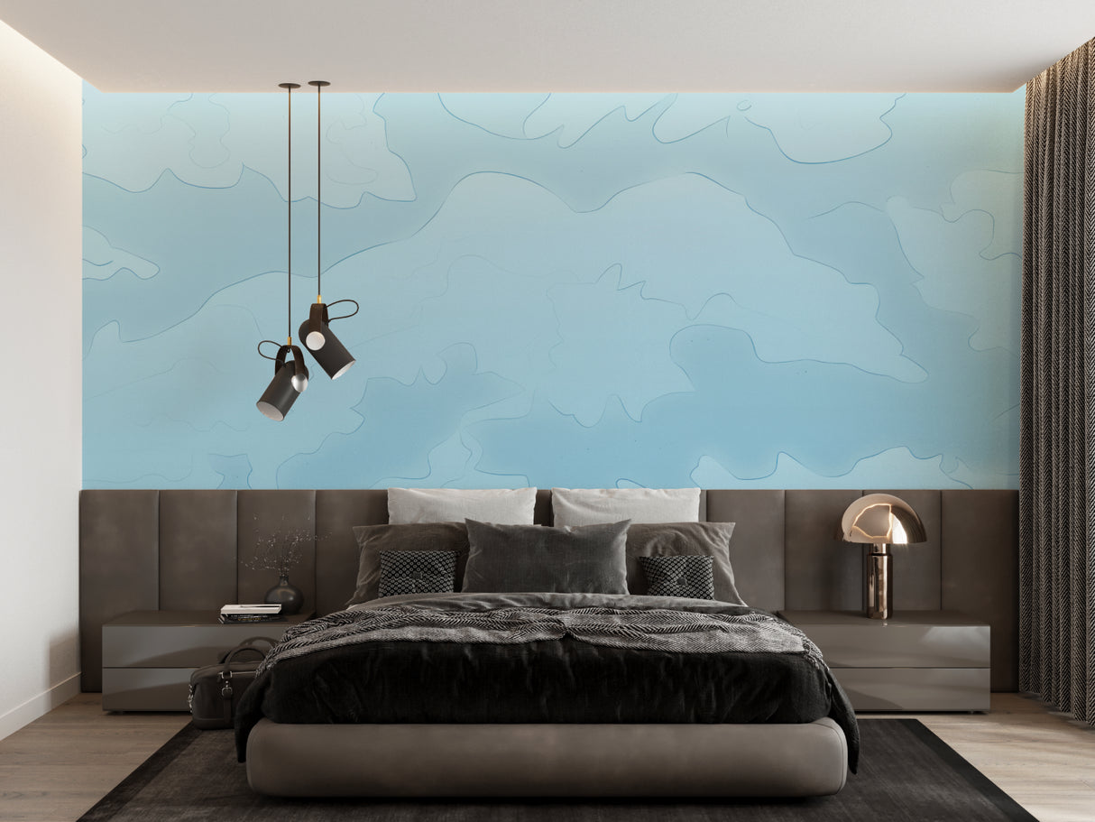 Blue sky mural wallpaper in a child's playroom creating depth and airiness