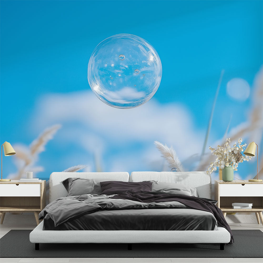 Bubble sky wallpaper mural creating depth in a modern living room, soft natural light enhancing the floating effect