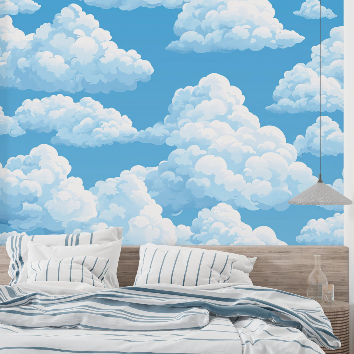 Cloud mural wallpaper in bright modern living room creating airy atmosphere
