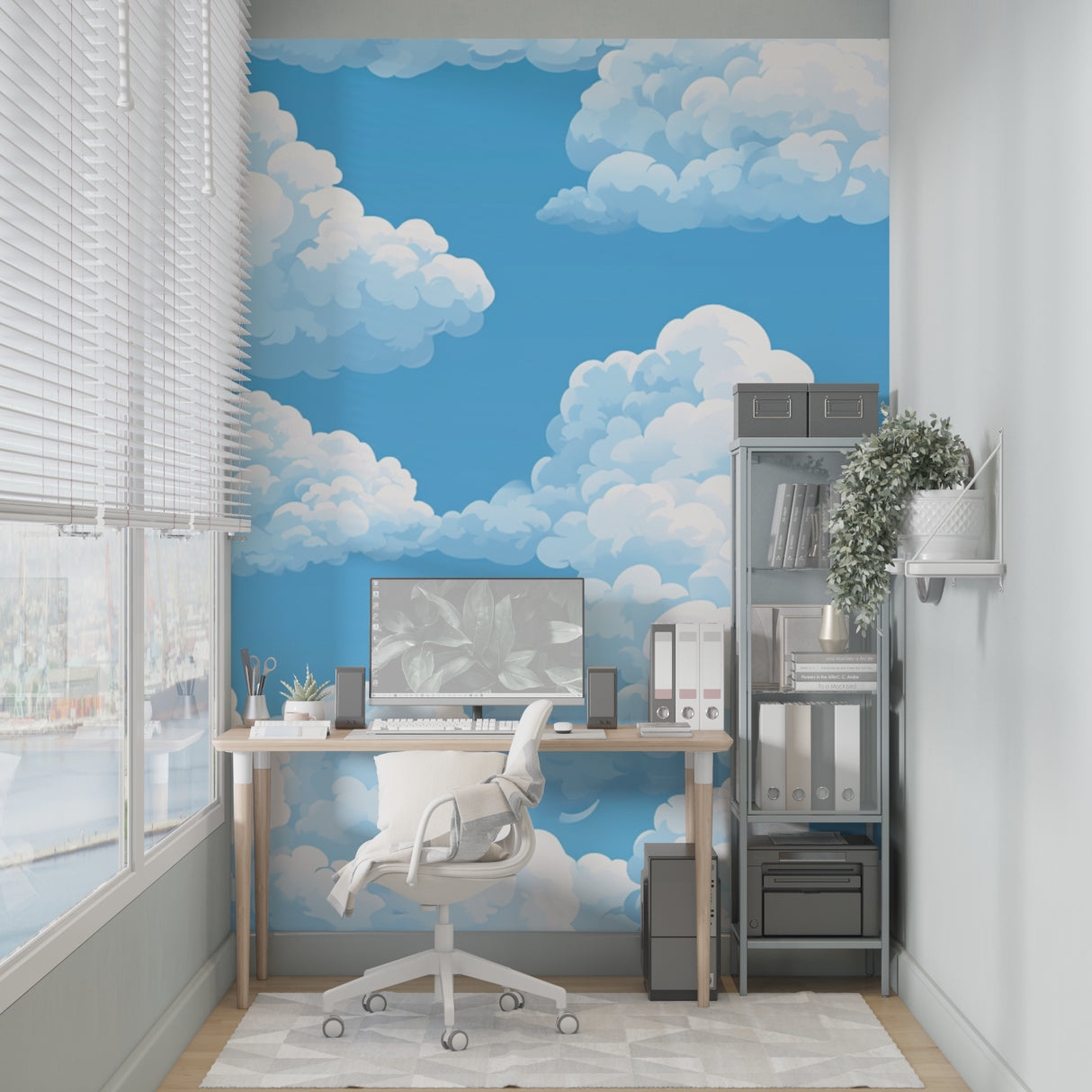 Sky wallpaper mural installed in cozy bedroom with natural lighting