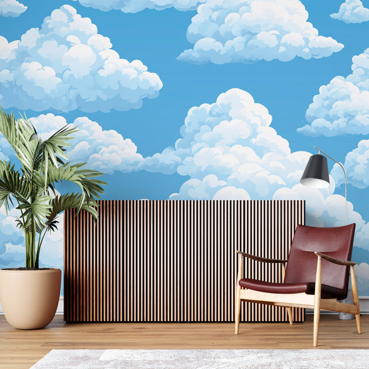 Blue sky wallpaper transforming dining room walls