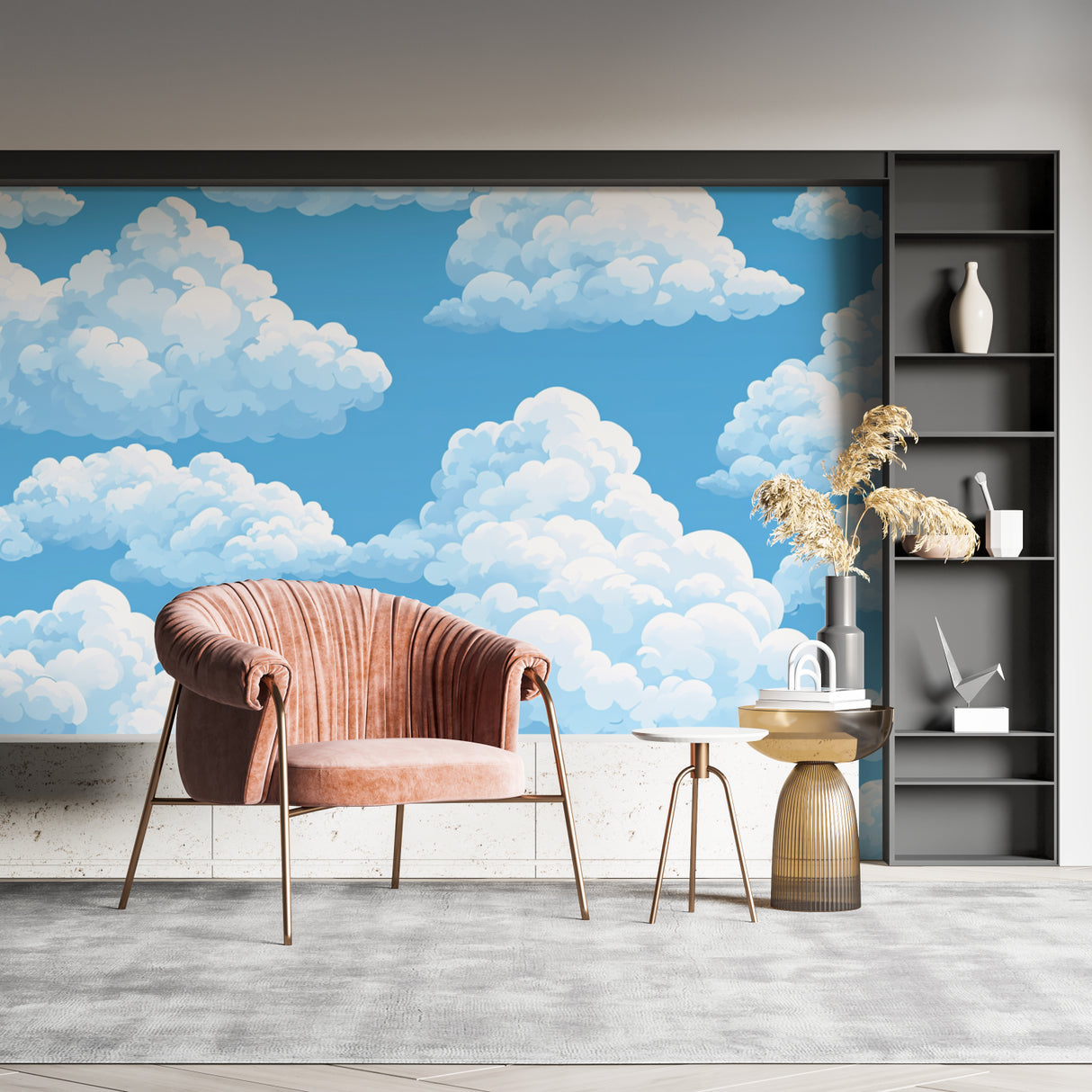 Cloud mural bringing light to meditation room corner