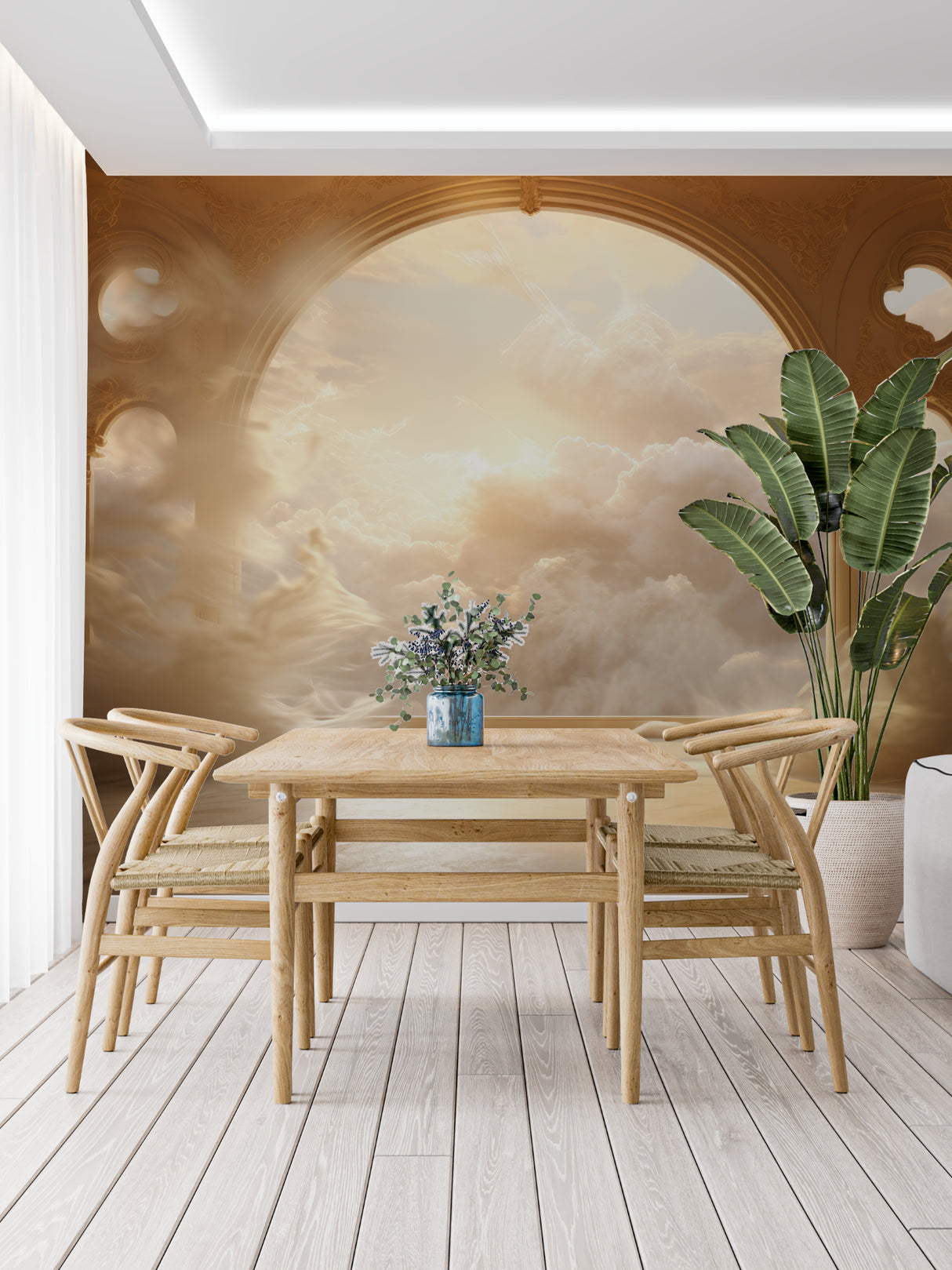 Golden arch cloud mural wallpaper in modern living room creating dreamy atmosphere