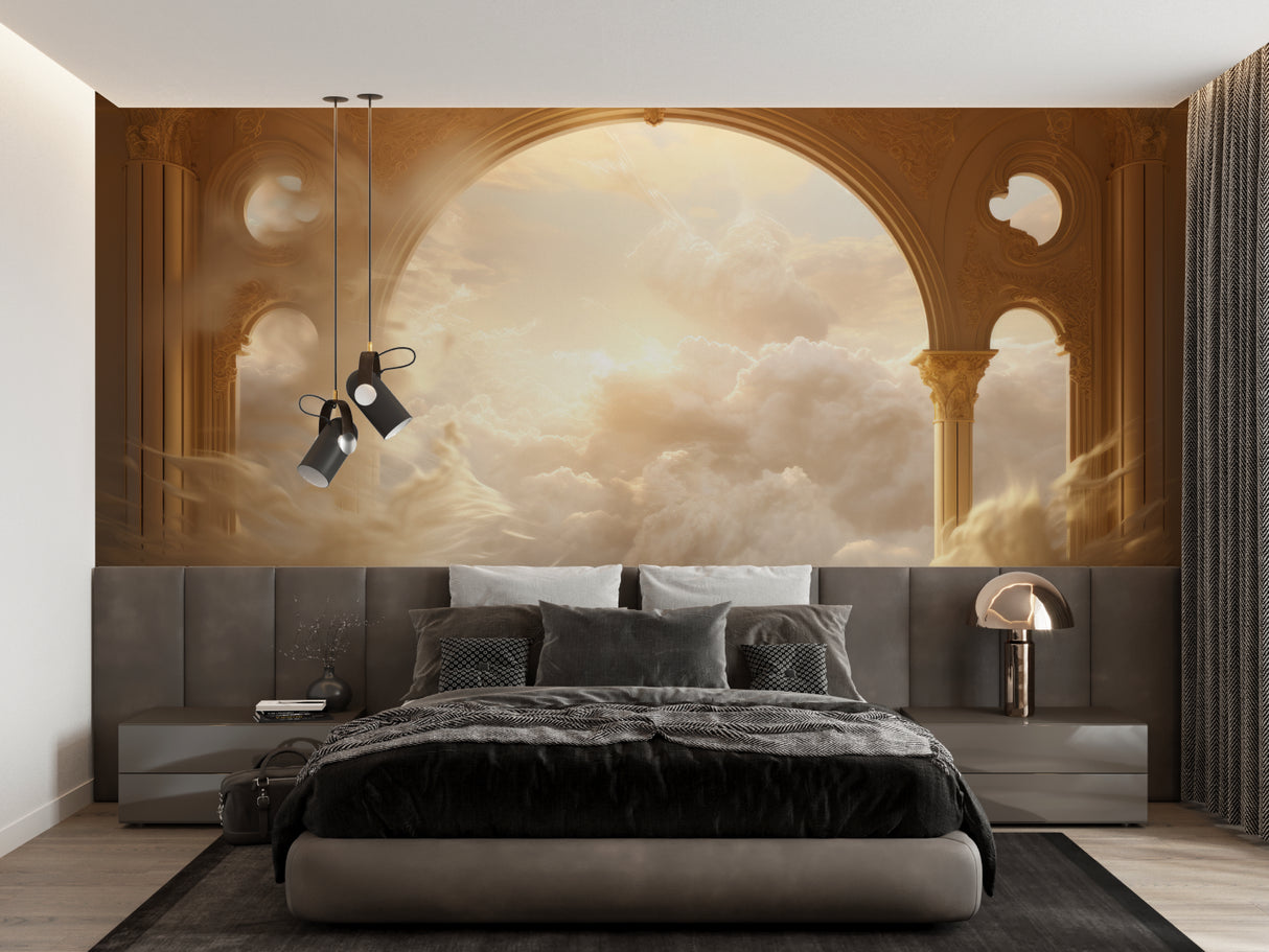 Sky mural with golden arch design showcased in master bedroom setting