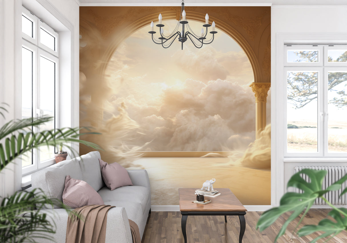 Cloud wallpaper with golden arch feature in luxury dining room