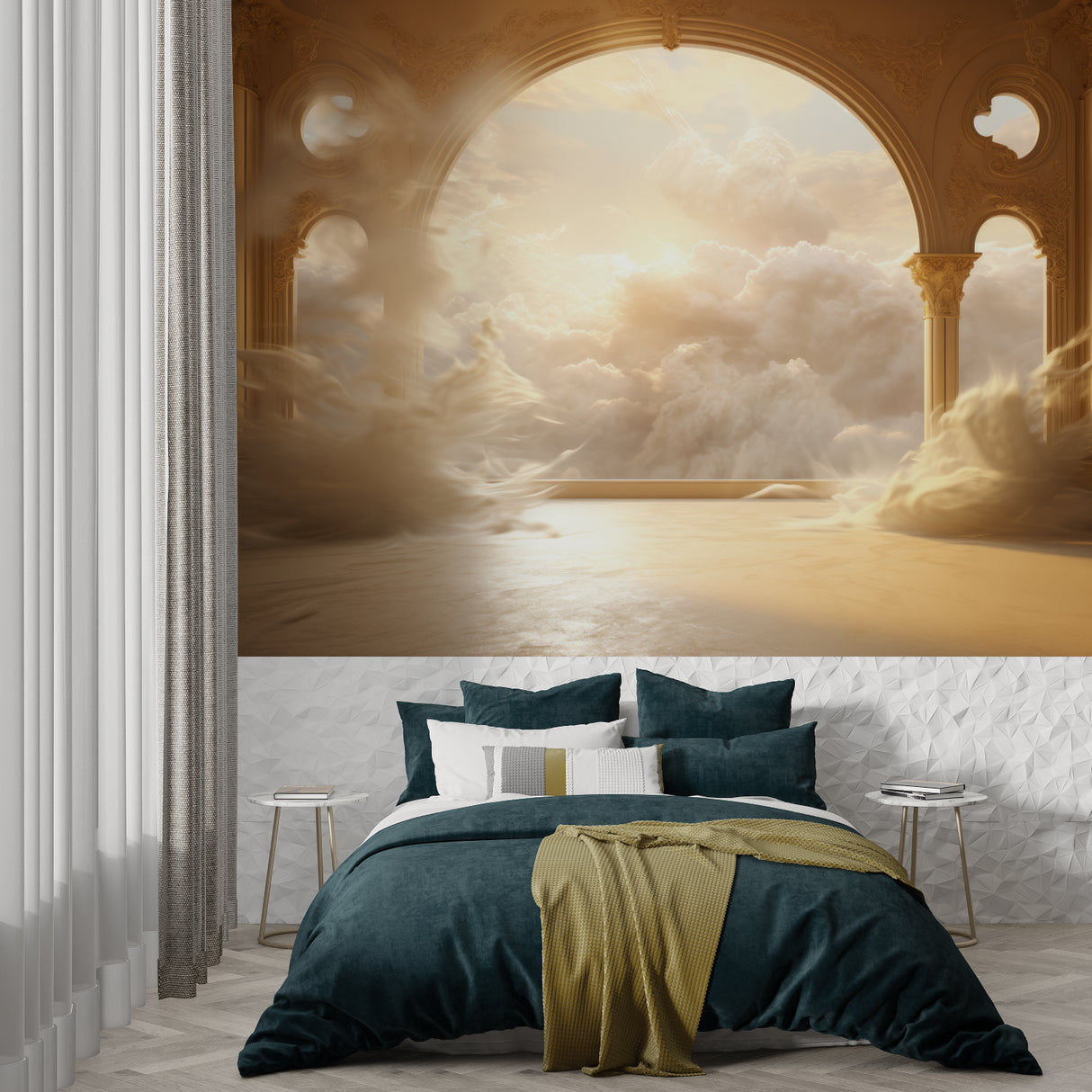 Dreamy cloud mural with architectural arch detail in home office space