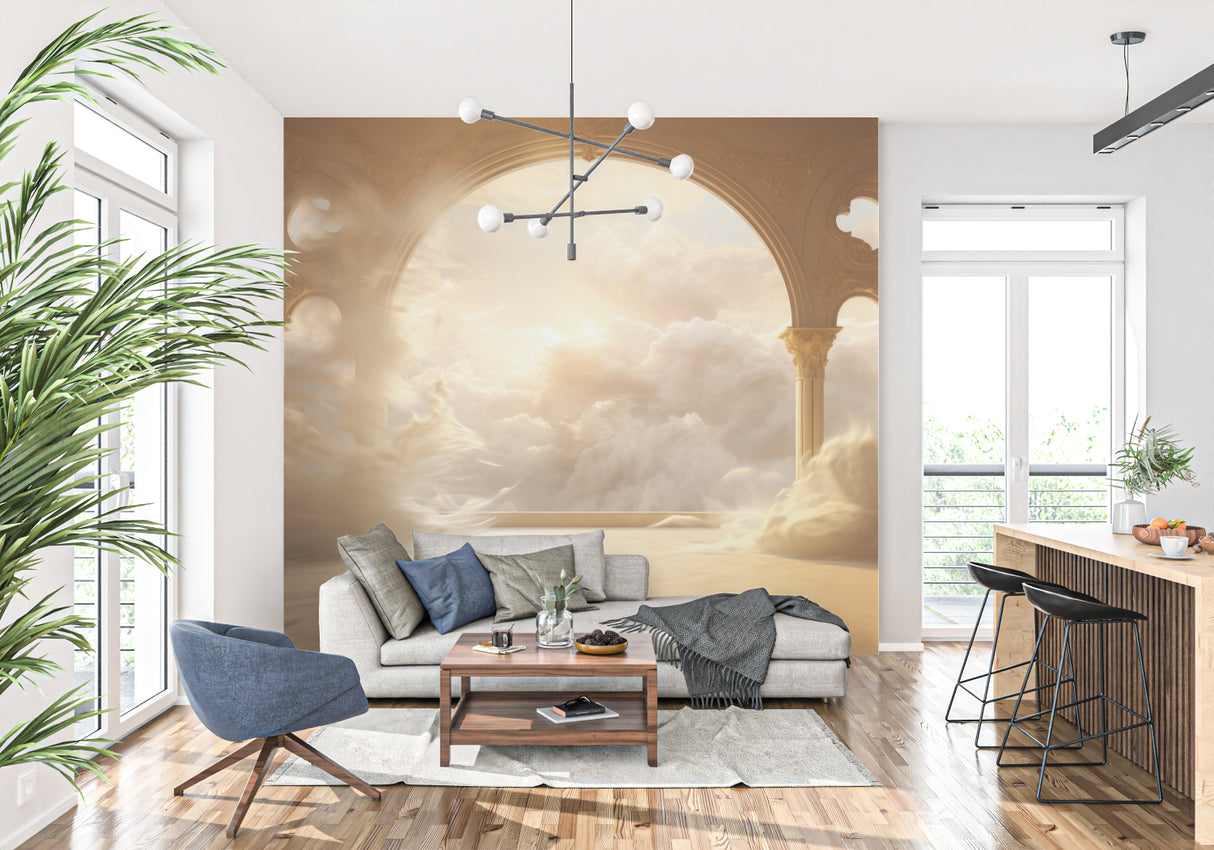 Golden arch wallpaper creating depth in hallway setting