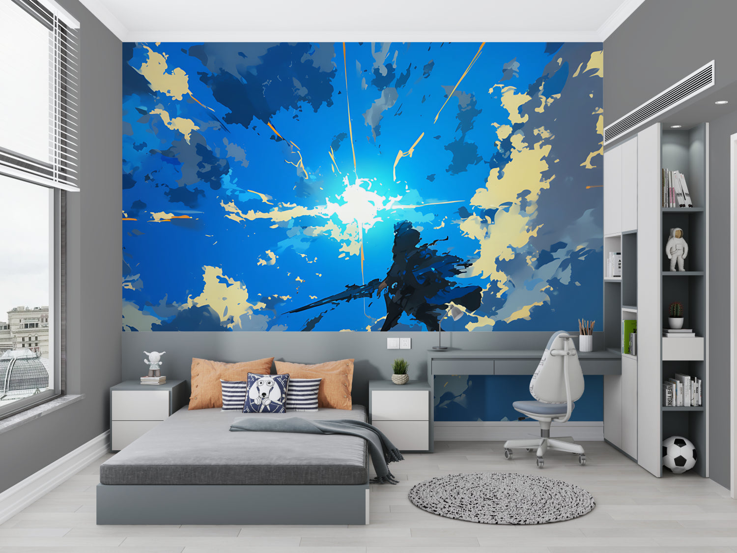 Blue and gold sky mural adding height to dining room walls