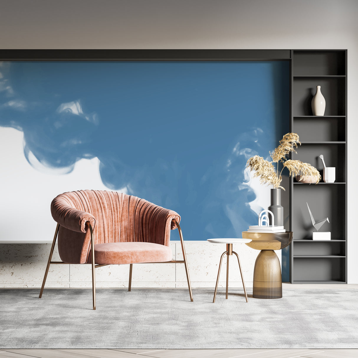 Cloud mural brightening a minimalist bedroom with white furniture