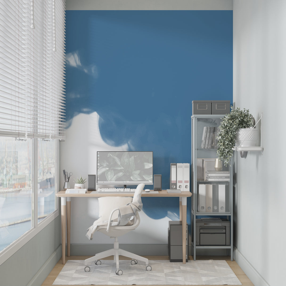 Sky wall mural opening up a home office space with contemporary decor