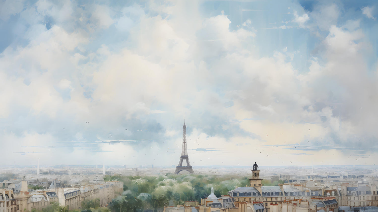 Design file showing full Paris watercolor pattern with soft clouds and city silhouette