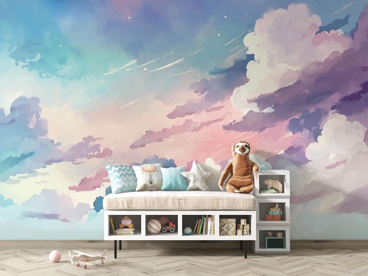 Sky mural wallpaper with shooting stars in a modern nursery, soft evening lighting enhancing the pastel clouds