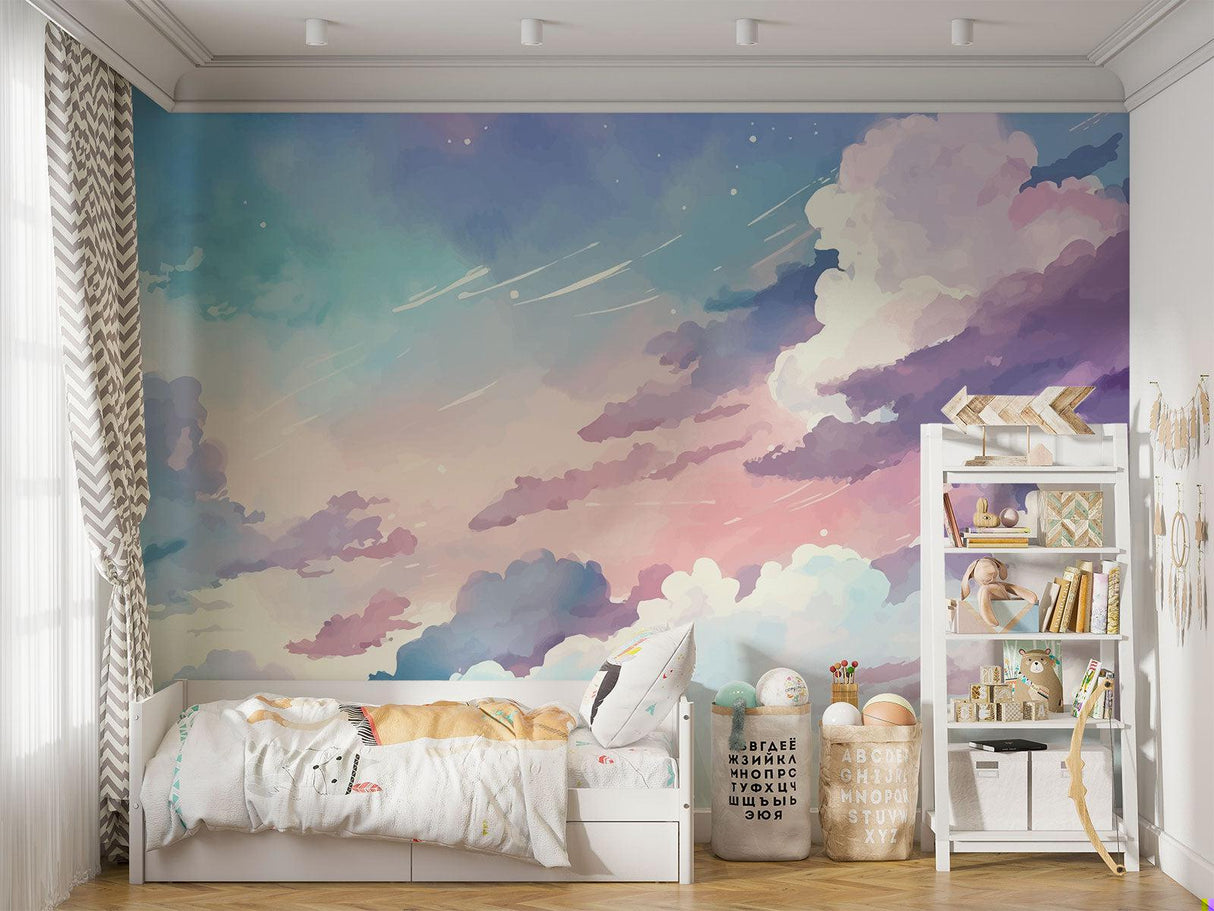 Dreamy sky wallpaper creating a cozy reading nook in a child's bedroom