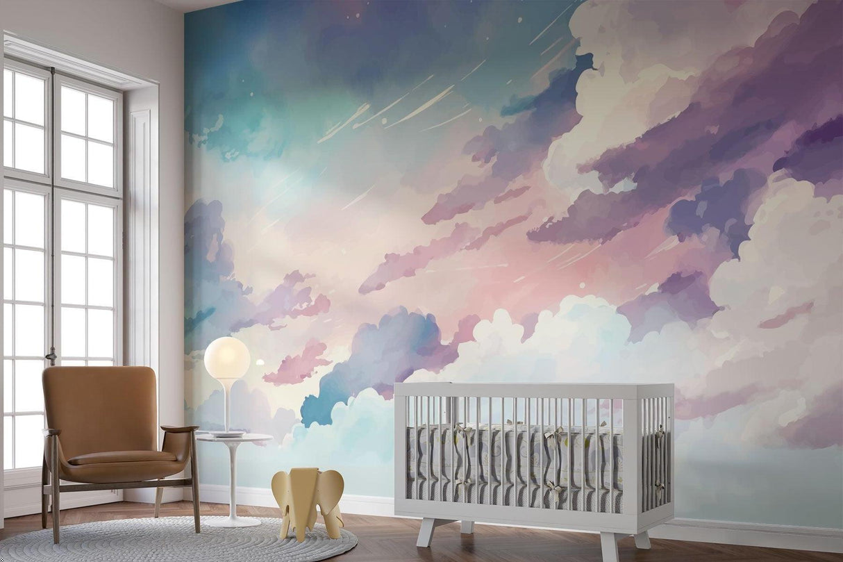 Pastel cloud mural wallpaper in a playroom showing the scale of the design