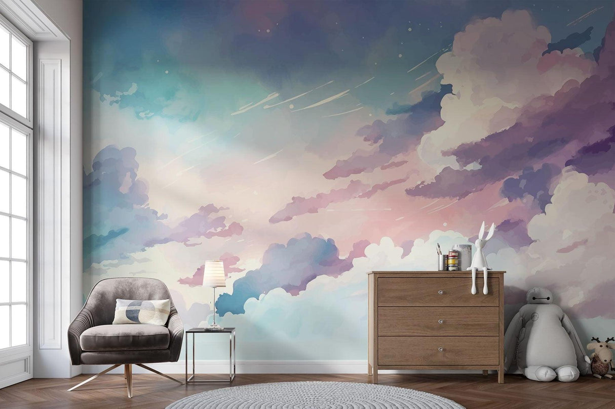 Cloud wallpaper bringing calm to a baby's nursery with morning light