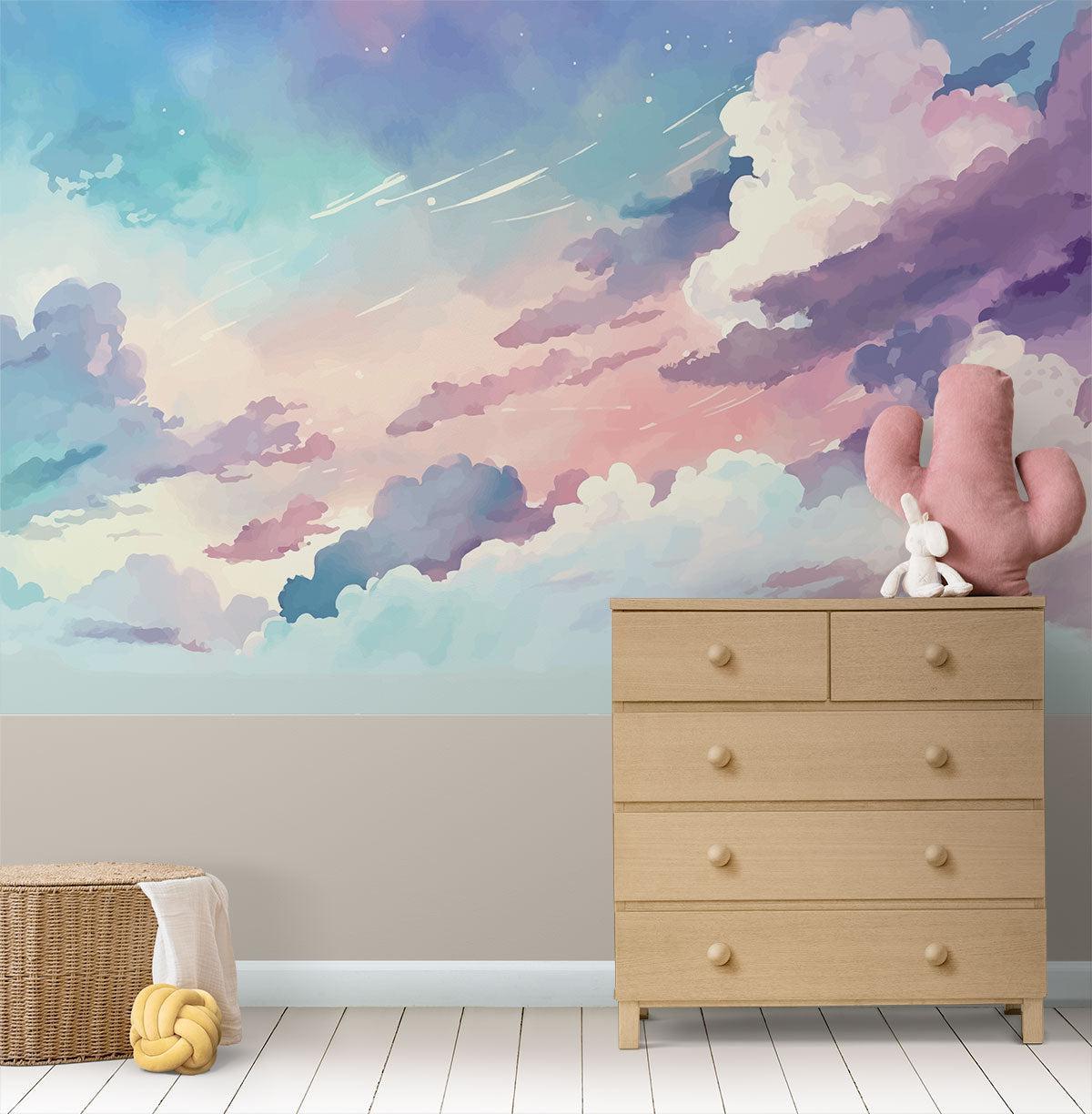 Pastel sky mural creating depth in a small bedroom space