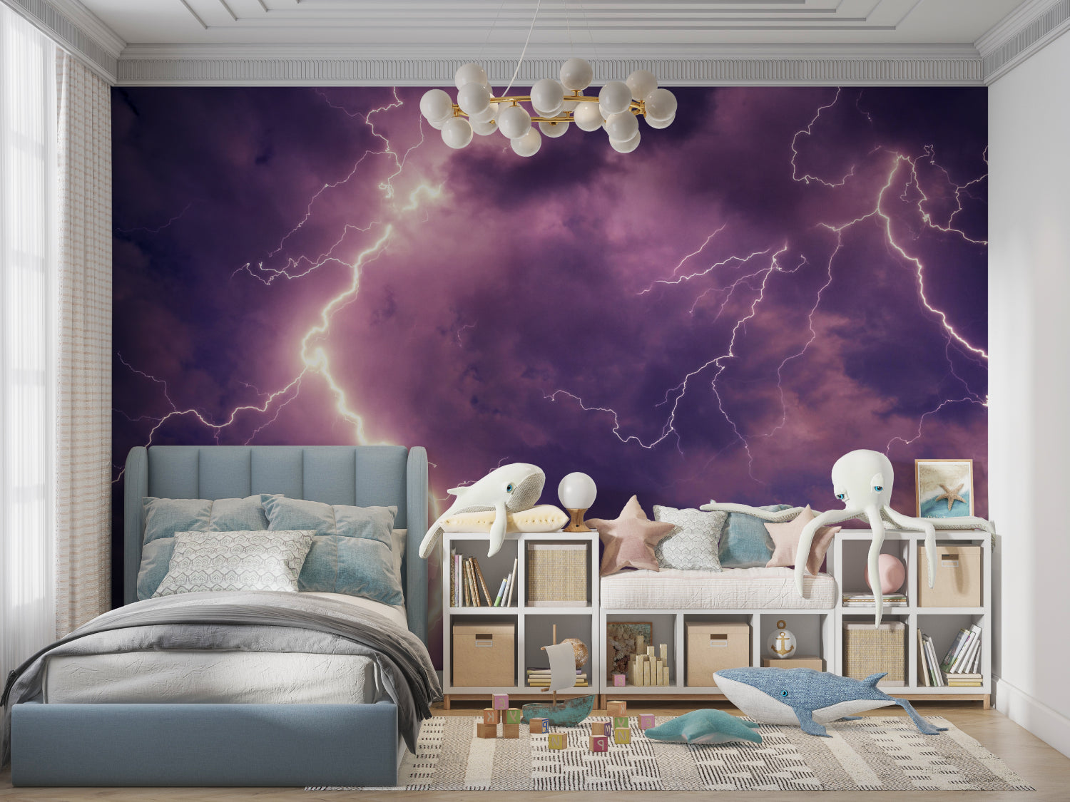 Lightning Storm Wall Mural creating atmosphere in gaming room with LED accent lights