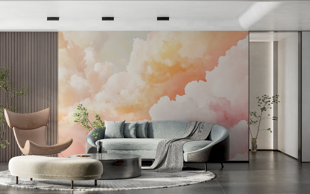Sunset cloud wallpaper creating warm ambiance in modern living room with floor-to-ceiling windows
