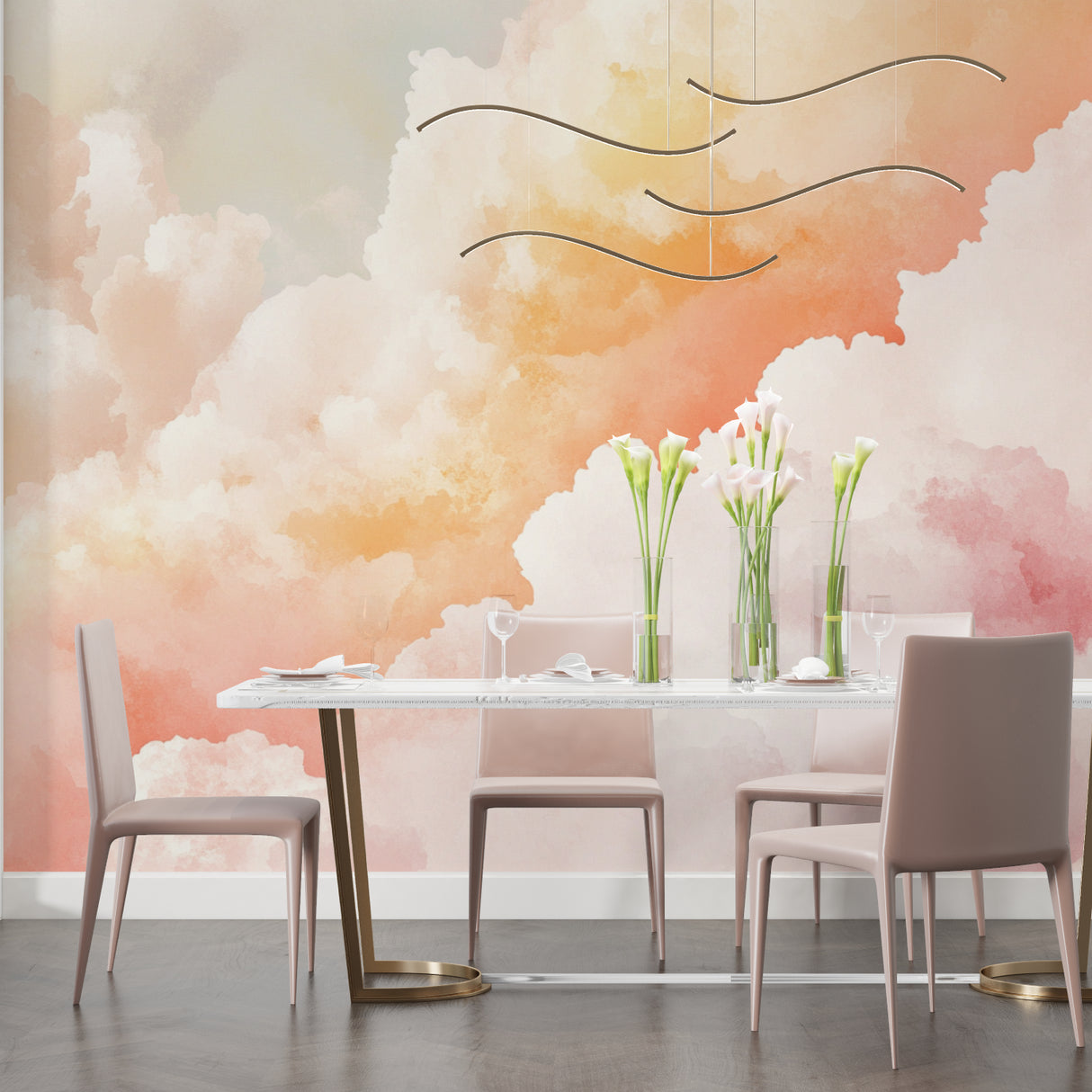 Watercolor sky mural bringing serenity to master bedroom with minimal furniture
