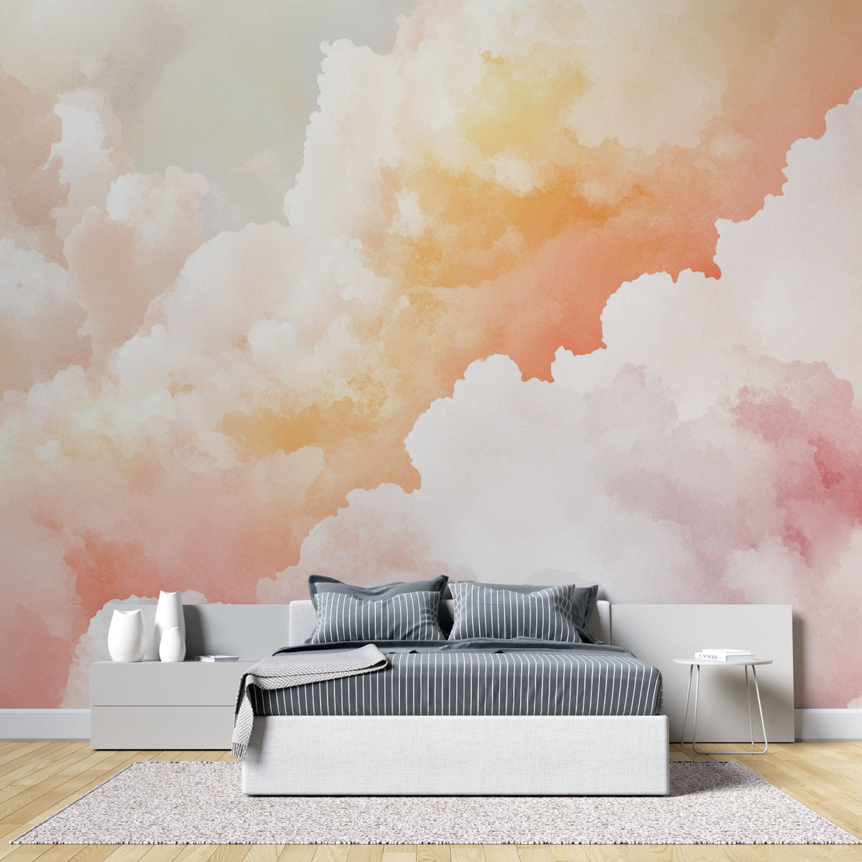 Cloud mural wallpaper transforming home office space with gentle sunset hues