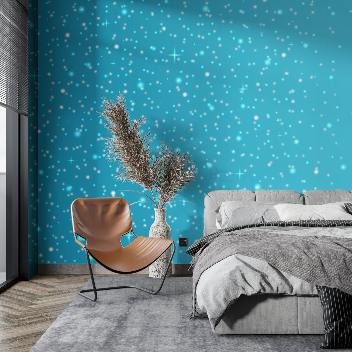 Turquoise starry night wallpaper in modern bedroom creating peaceful sleep environment