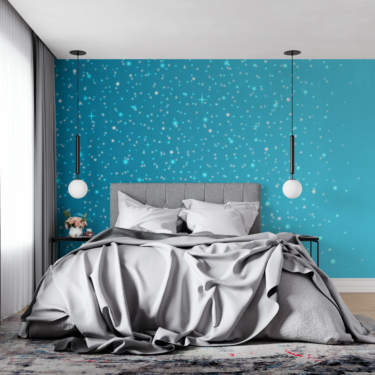 Nursery featuring sky mural wallpaper with gentle turquoise star design