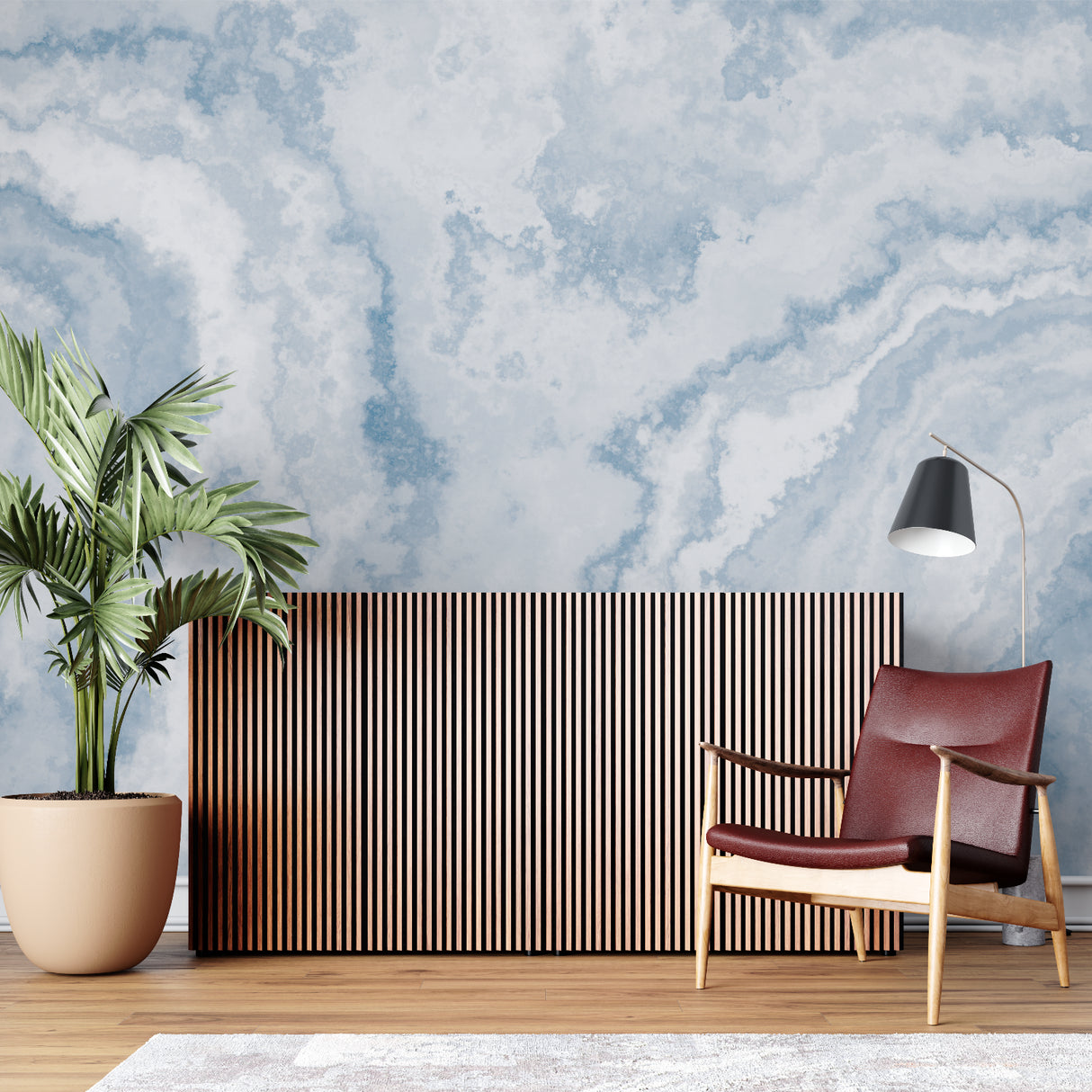 Cloud wallpaper design adding height to a cozy home office space