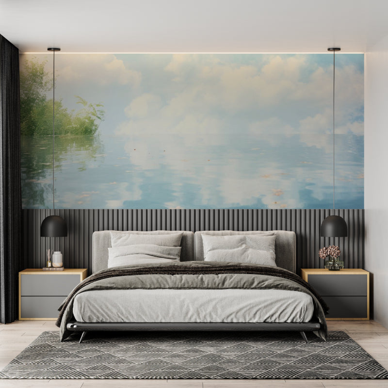 Watercolor sky wallpaper brightening a cozy bedroom with floating clouds
