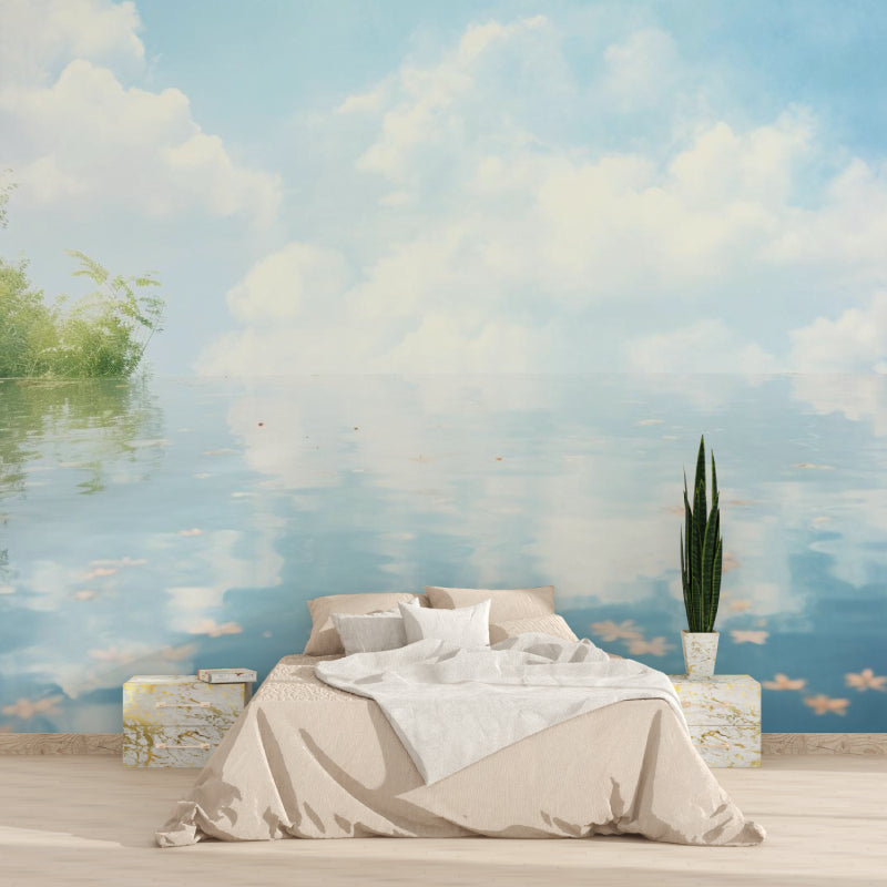 Cloud wallpaper mural making a home office feel open and inspiring