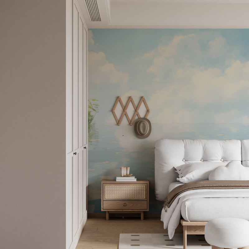 Watercolor cloud design adding height to a dining room