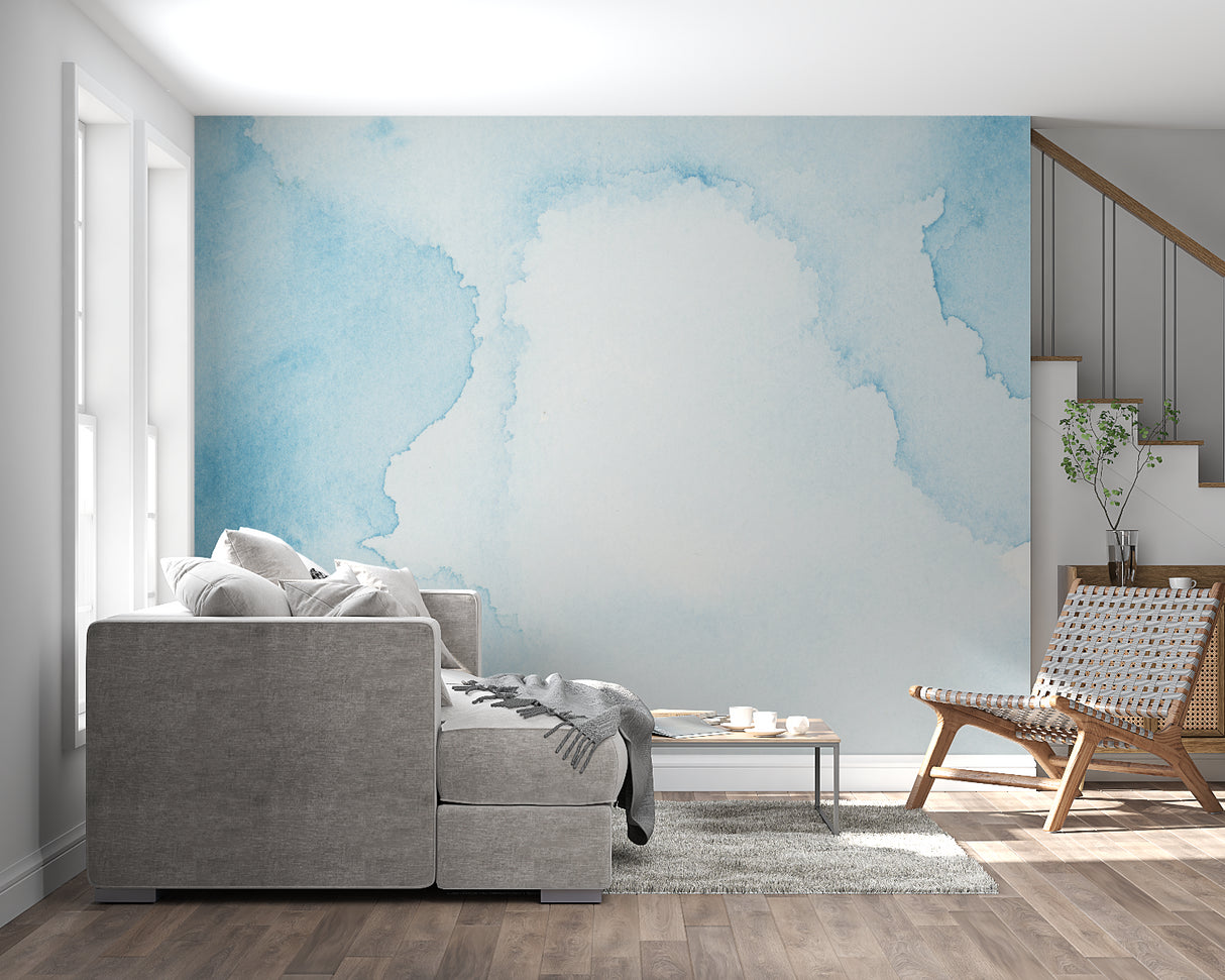 Blue sky mural wallpaper brightening master bedroom with morning light