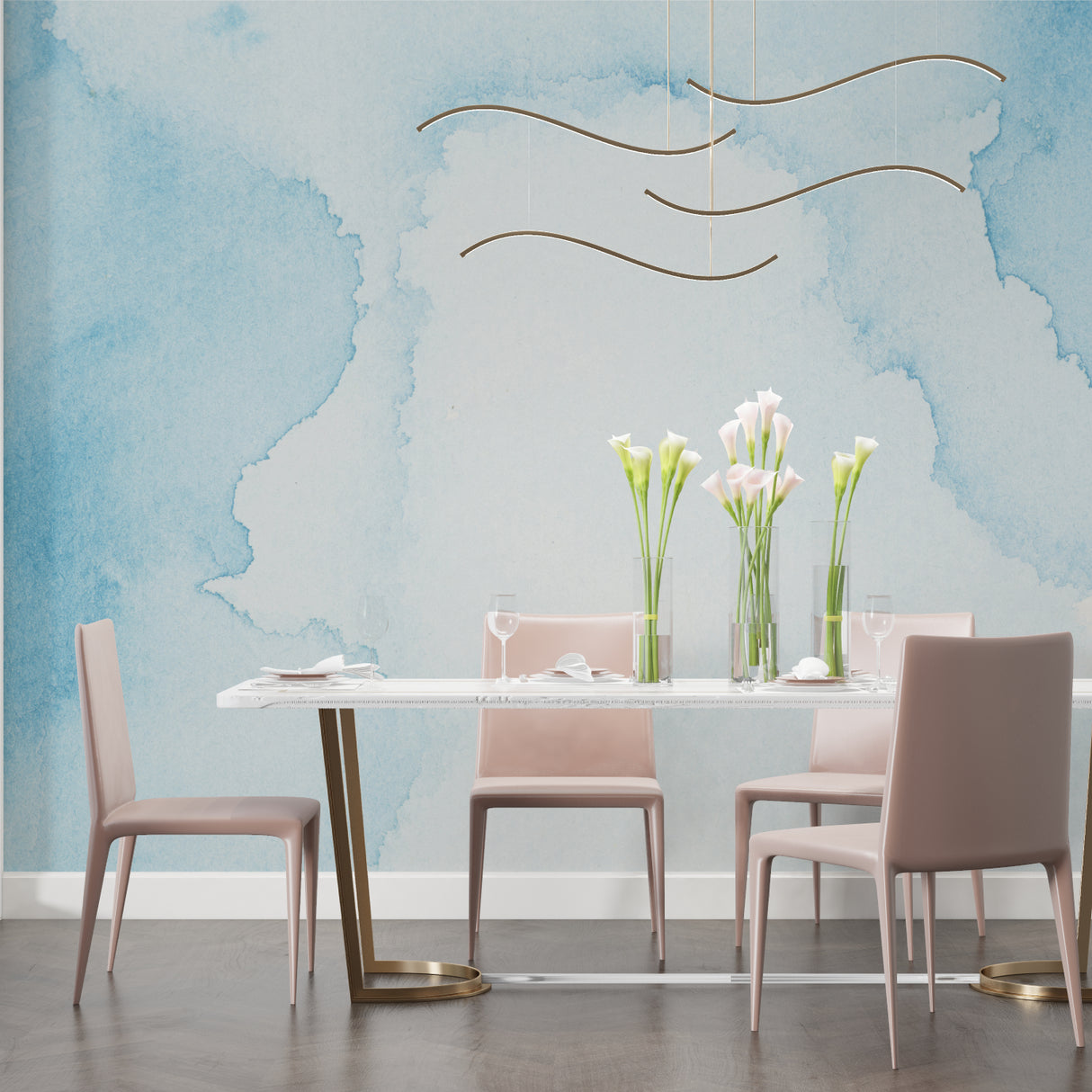 Cloud pattern wallpaper opening up small dining room space
