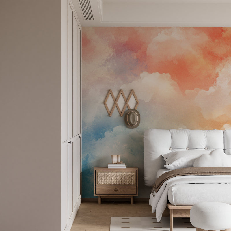 Watercolor sky mural creating a peaceful atmosphere in a modern living room with natural light