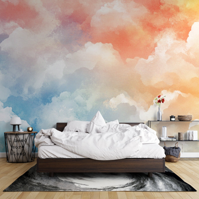 Sunset cloud wallpaper bringing warmth to a cozy bedroom setting
