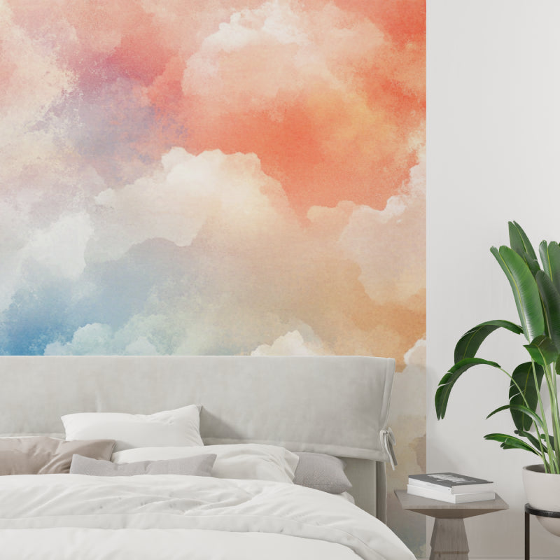 Watercolor cloud mural making a small home office feel open and bright
