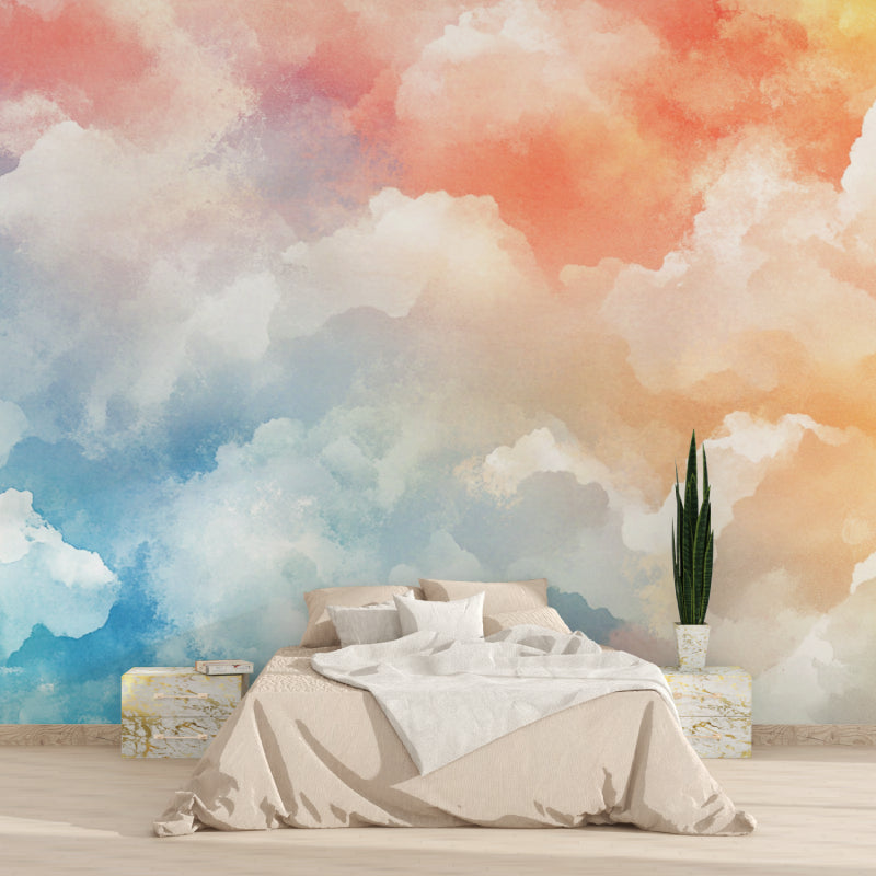 Sky mural wallpaper transforming a dining room with soft sunset hues
