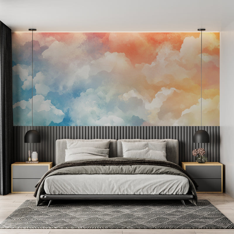 Dreamy cloud wallpaper adding depth to a minimalist hallway space