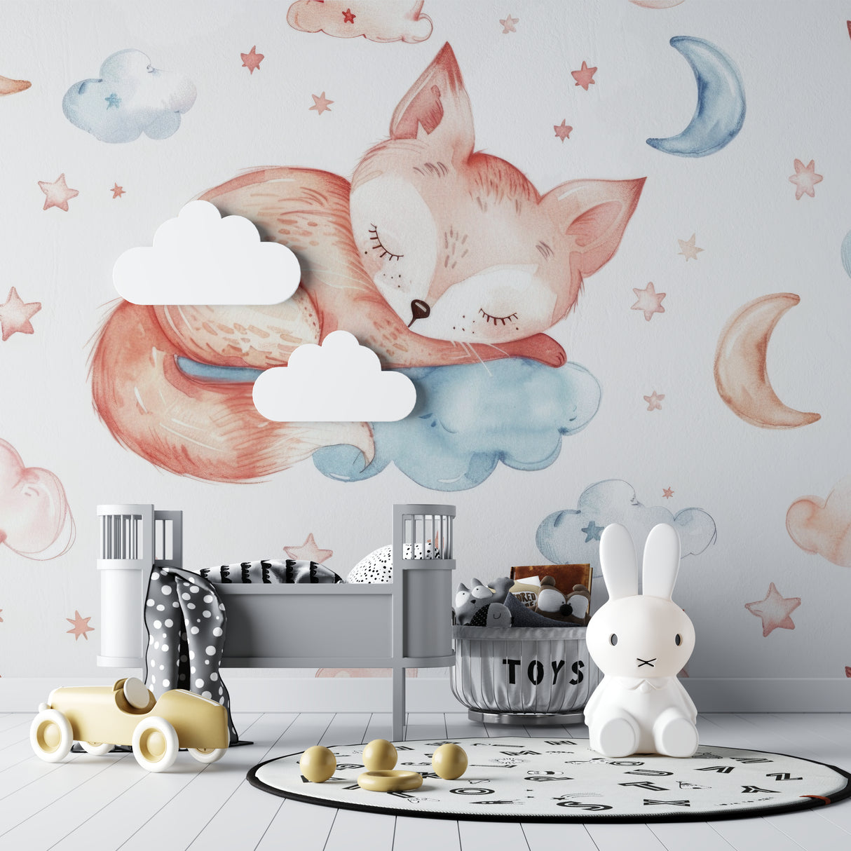 Sleeping Fox Wallpaper creating a dreamy atmosphere in a modern nursery with soft pink and blue tones