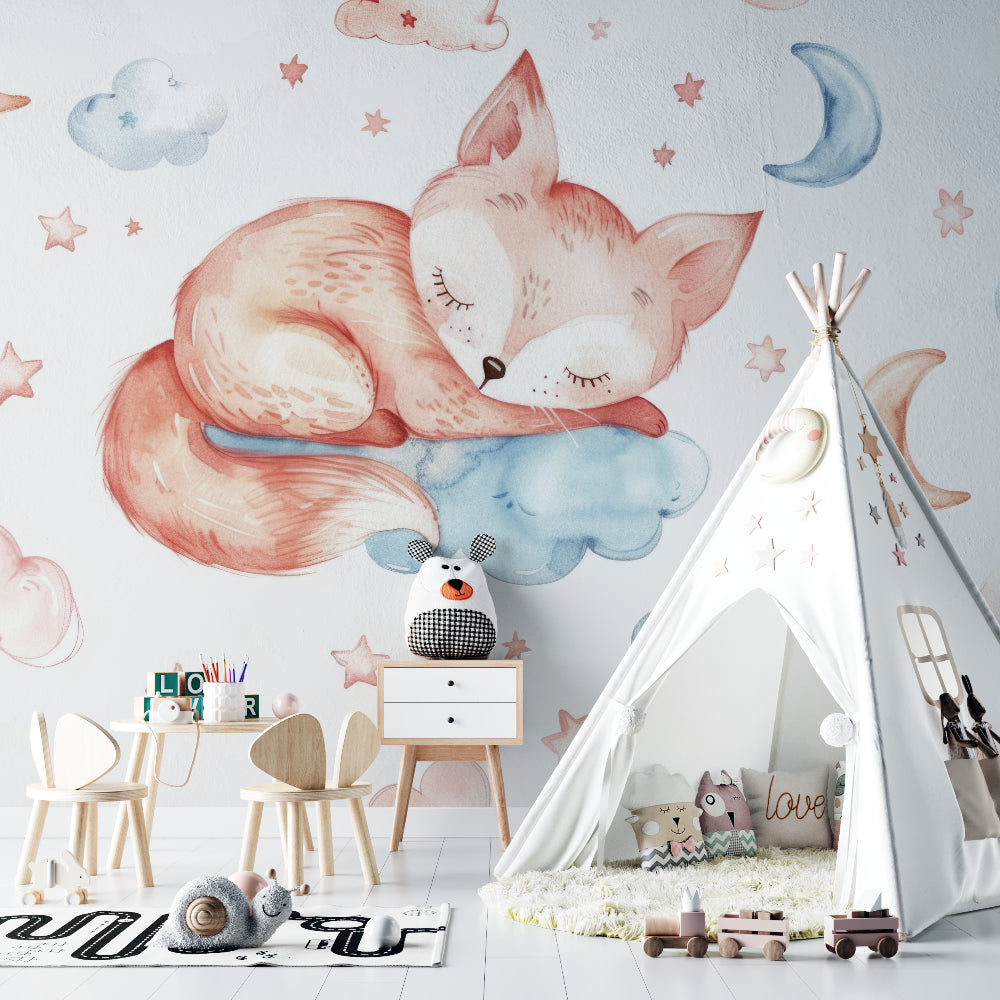 Dreamy Fox Wall Mural brightening a child's bedroom with starry night elements