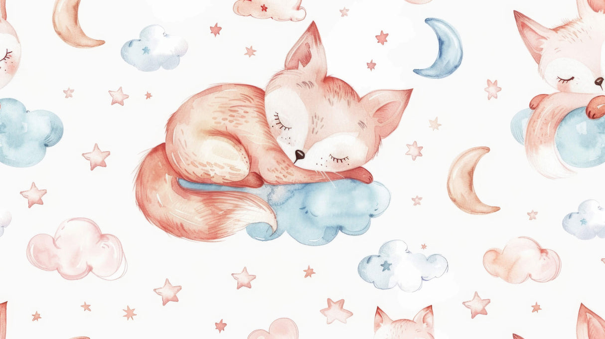 Sleeping Fox design file showing detailed watercolor artwork with stars and clouds pattern