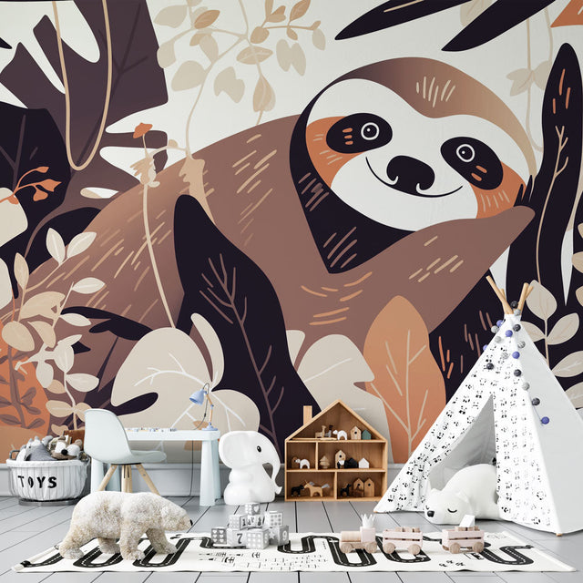 Sloth jungle wallpaper in bright kids bedroom, showing playful tropical design with warm neutral colors