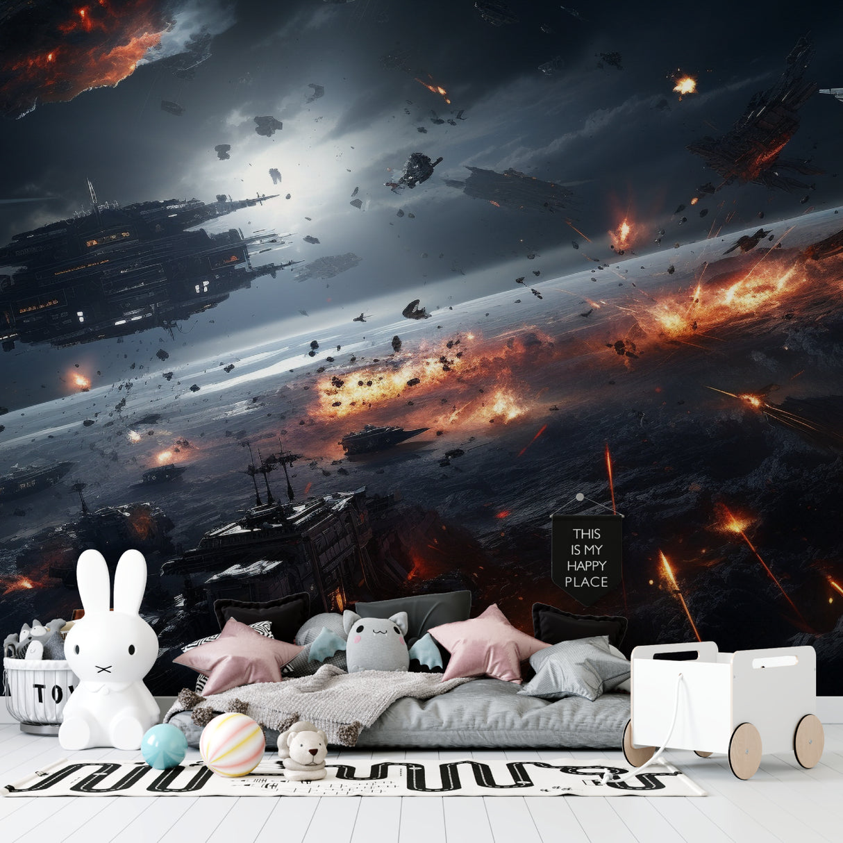 Dramatic space battle wallpaper featured in a teen bedroom with gaming corner