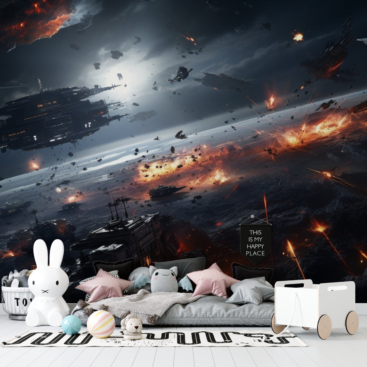 Dramatic space battle wallpaper featured in a teen bedroom with gaming corner