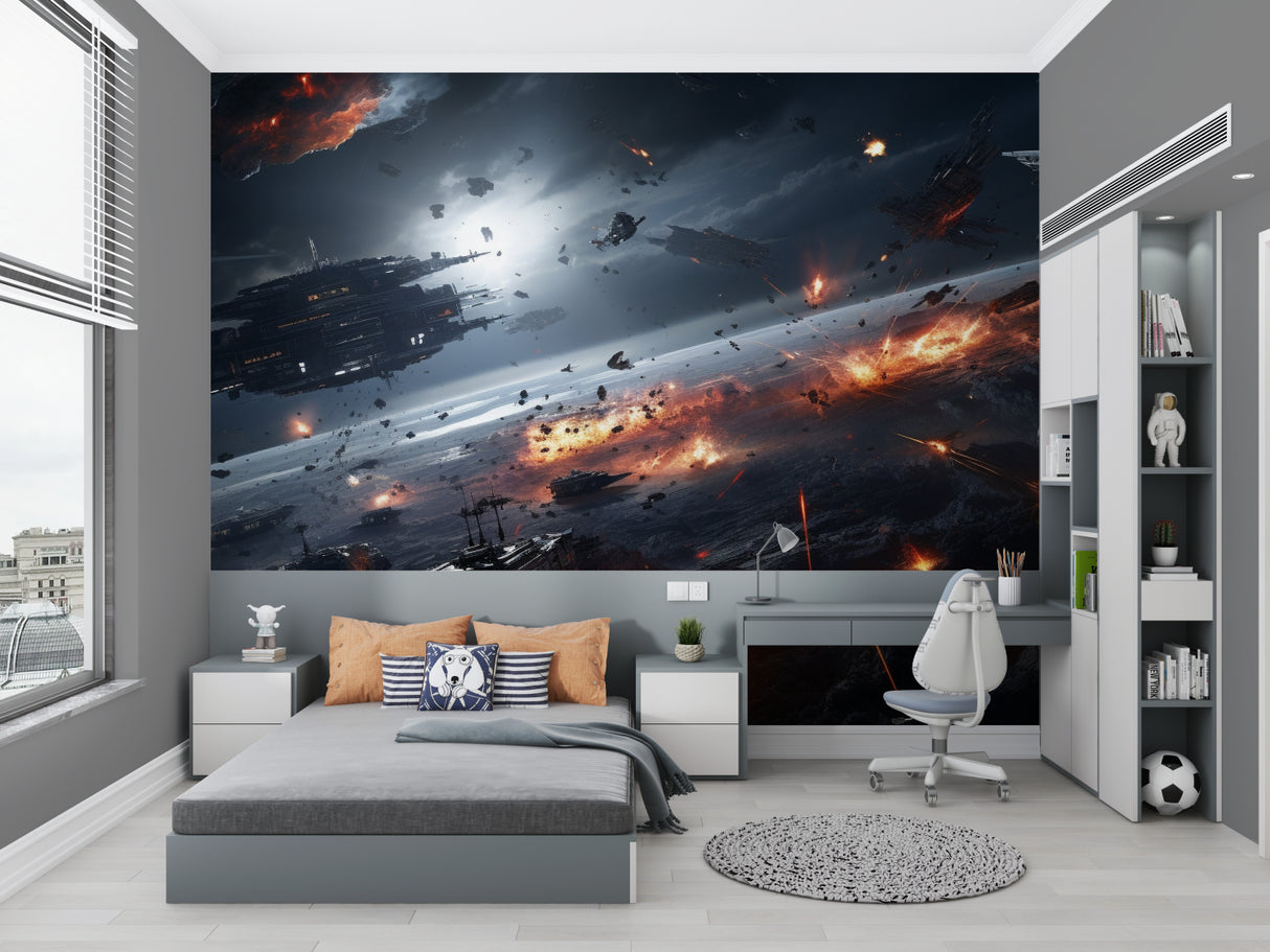 Space warfare mural creating atmosphere in a sci-fi themed entertainment room