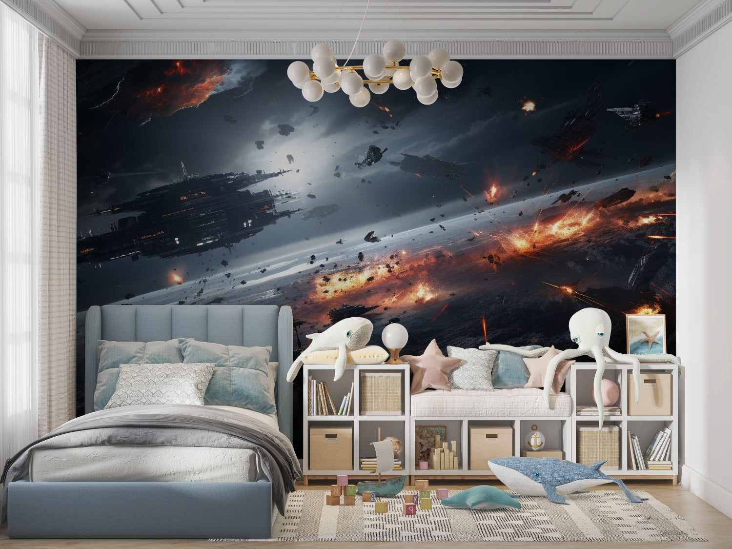 Epic space battle scene transforming a modern home office wall