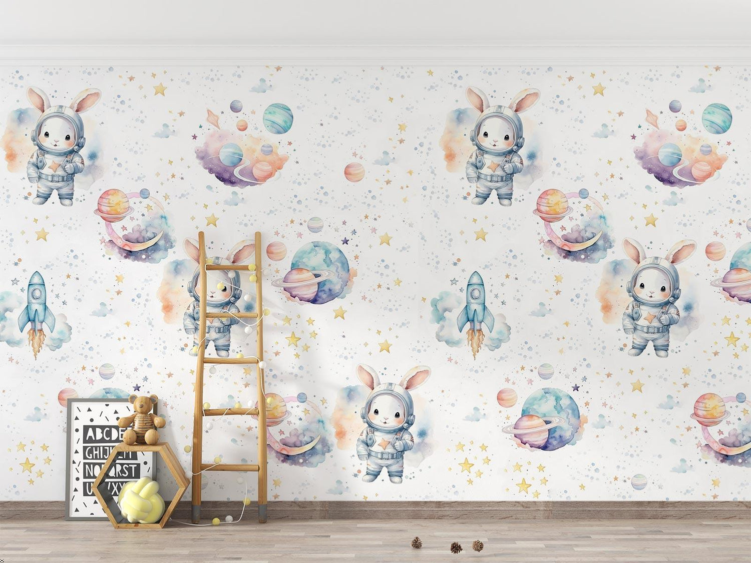 Astronaut bunny wallpaper transforming a child's bedroom with soft pastel space theme