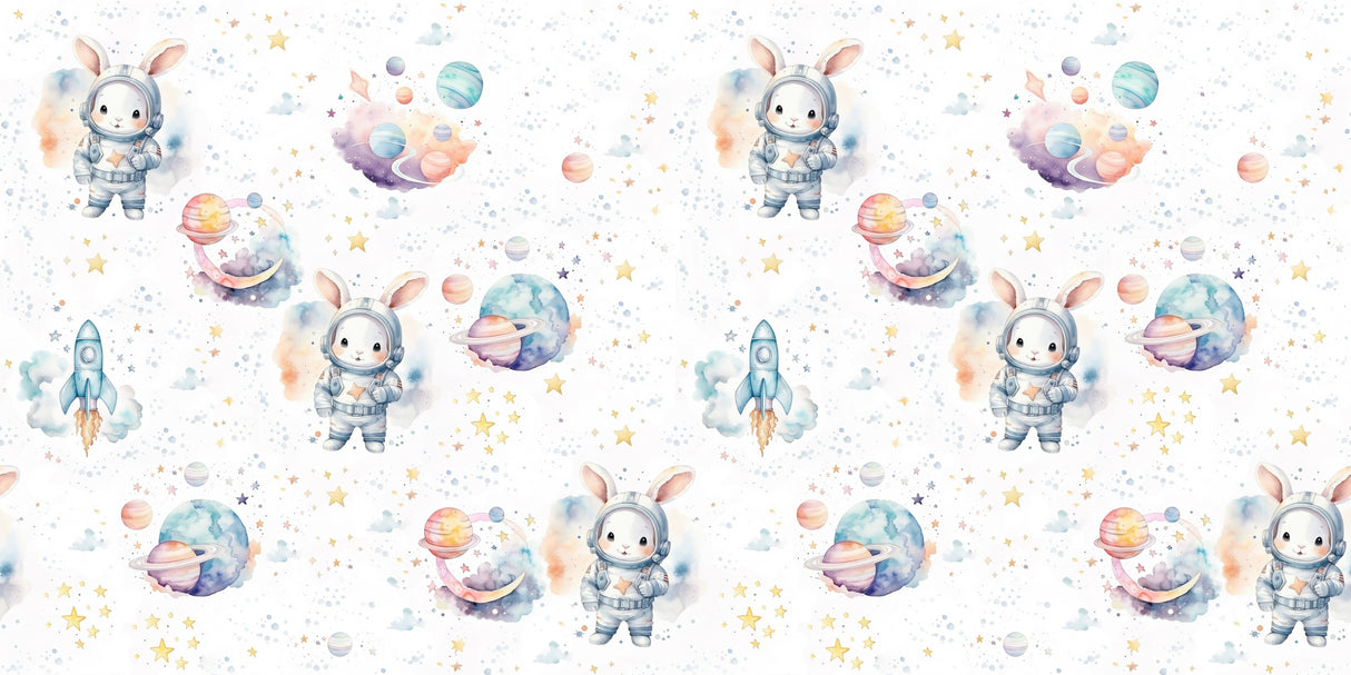 Space bunny wallpaper design file showing watercolor astronaut bunnies and pastel planets pattern